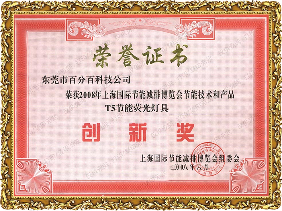2008年上海國際節（jiē）能減排博覽會節（jiē）能技術和產（chǎn）品T5節能熒光燈具獲創新獎