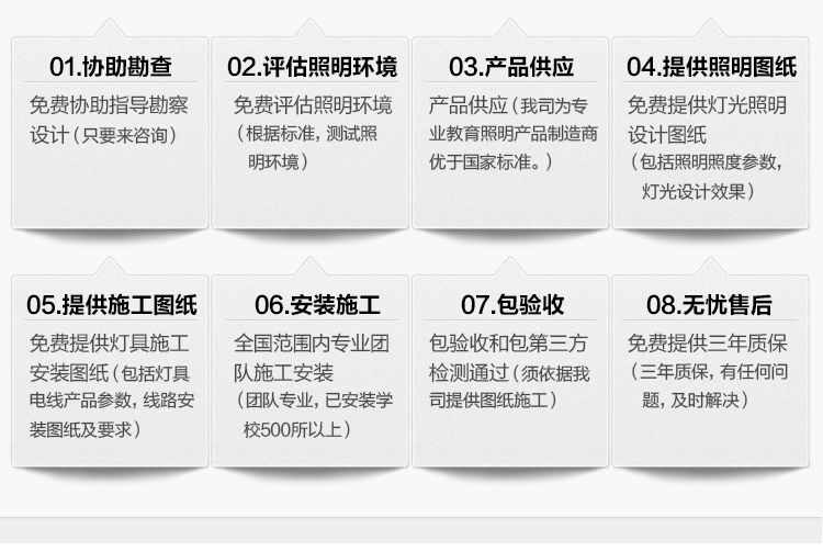 我司提供一（yī）站式（shì）教育照明解決方（fāng）案：1、免費協助指導勘察設計（隻要來（lái）谘詢（xún））2、免費評估照明環境（根據標準，測試照明環境）3、產品供（gòng）應（yīng）（我司為專業教育照明（míng）產品製造商，優於國（guó）家標準。）4、免費提供燈光照明設計圖紙（包括照明照度參數（shù），燈光設計效果）5、免費提供燈具施工安裝圖紙（包括燈具/電線產品參數，線路（lù）安裝圖紙及要（yào）求）6、全國範圍（wéi）內專業團隊（duì）施（shī）工（gōng）安（ān）裝（團（tuán）隊（duì）專業，已安裝學（xué）校500所以上）7、包驗收和包第三方檢測通過（guò）（須依據我司提供圖紙施工）8、免費提供三年質保（三（sān）年質保，有（yǒu）任何問題，及時解決）